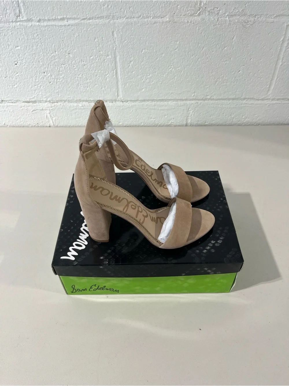 Sam Edelman Taupe Suede Ankle Tie Block Heel Sandals